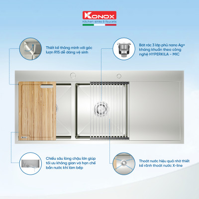 Chậu rửa bát inox Konox, Topmount Series, Model KN11650TD, Inox 304AISI tiêu chuẩn châu Âu, Hạ bậc tích hợp, 1160x500x220(mm),  Bảo hành chính hãng 10 năm, Hàng chính hãng