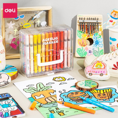 Bút Màu Acrylic Marker Roller Đầu Lông Mềm Deli-24/36/48/60 Màu Vẽ Trên Mọi Chất Liệu Bullet Journal