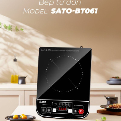 Bếp từ đơn SATO màu đen, bảng điều khiển Tiếng Việt, 5 chế độ nấu, công suất 2000W, bếp cảm ứng mặt kính cường lực chống xước, thân bếp nhựa siêu bền ST-BT061 - Miễn phí vận chuyển toàn quốc - Hàng chính hãng (Tặng kèm nồi lẩu Inox)