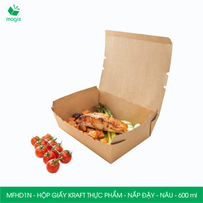 MFHD1N - Combo 100 hộp giấy kraft thực phẩm 600ml, hộp đựng thức ăn nắp đậy màu nâu, hộp gói đồ ăn mang đi