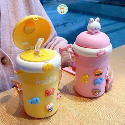 Cốc Giữ Nhiệt Trẻ Em 510ml Có Ống Hút, Cốc Đeo Chéo Hoạt Hình Dễ Thương Cho Bé Gái, Bình Nước Uống Tiện Lợi - HÀNG CHÍNH HÃNG MINIIN