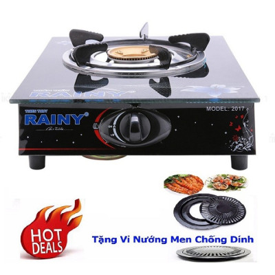 Bếp Gas Đơn mặt kính Chén Đồng Rainy hoa văn và màu sắc ngẫu nhiên + tặng vĩ nướng chống dính - Hàng Chính Hãng 