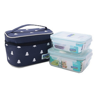 Bộ đựng đồ ăn trưa gồm túi giữ nhiệt  +  hộp thủy tinh chia ngăn 1000ml + hộp thủy tinh 695ml Lunch71-100