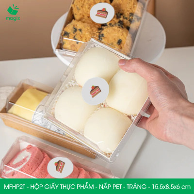 MFHP2T - 15.5x8.5x6 cm - 100 hộp giấy thực phẩm màu trắng nắp Pet, hộp giấy chữ nhật đựng thức ăn, hộp bánh nắp trong