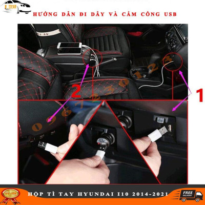 Hộp Tì Tay I10 2014-2021 Có 2 Ngăn 7 Cổng USB Bọc Da Cao Cấp