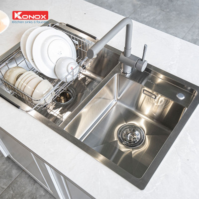 Chậu rửa bát Konox, Overmount Series, Model KN8248DO, Inox 304AISI tiêu chuẩn châu Âu, 820x480x228(mm), Full set gồm Siphon + giá úp bát inox, Hàng chính hãng