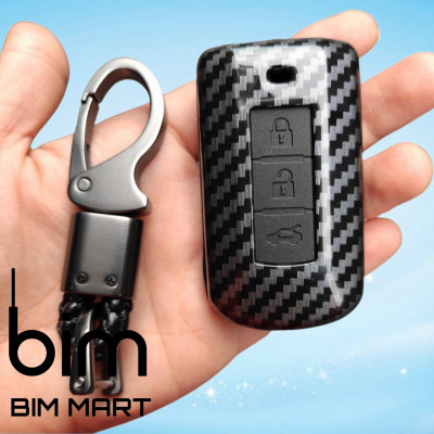 Ốp Vân Carbon Lót Silicon Bọc, Bảo Vệ Chìa Khóa Xe Mitsubishi Xpander 2018 - 2021 ( Tặng kèm móc đeo INOX )