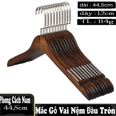 Combo CHỤC móc gỗ đầu tròn treo quần áo móc gỗ có vai nệm nam chống trượt dài 44,5cm