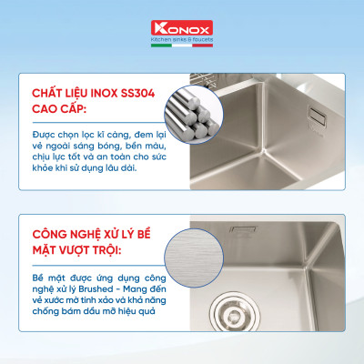 Chậu rửa bát Konox, Overmount Series, Model KN8248DO, Inox 304AISI tiêu chuẩn châu Âu, 820x480x228(mm), Full set gồm Siphon + giá úp bát inox, Hàng chính hãng