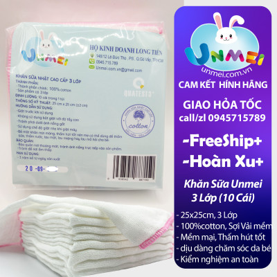 Khăn Sữa 4 Lớp Unmei Xuất Nhật Bịch 10 cái 25x25cm 100% Cotton mềm mại thấm hút tốt