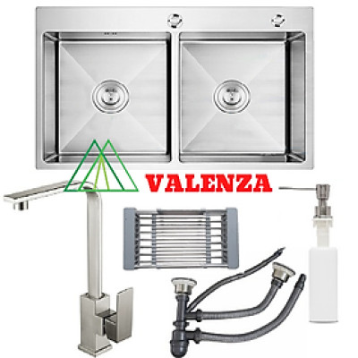 Combo chậu rửa chén inox 7843 cân, vòi rửa bát nóng lạnh Vuông, bộ xả chậu, rá inox đa năng, bình xà phòng