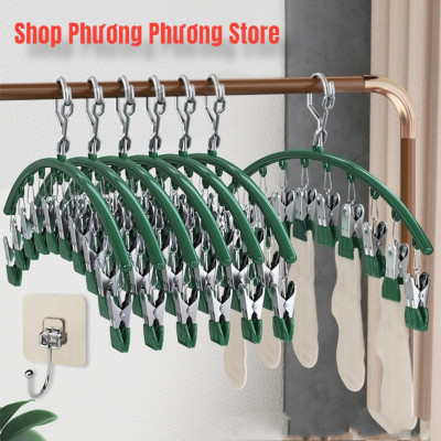 Móc phơi quần áo inox có khóa móc treo chắc chắn - 10 kẹp được phủ nhựa chống sầy xước khi phơi đồ ( tặng móc dán inox to ) Hàng Cao Cấp 