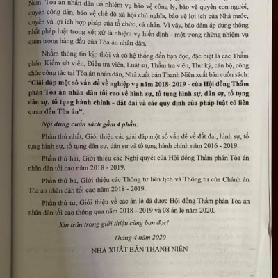 Giải đáp một số vấn đề về nghiệp vụ Năm 2018- 2019 – của Hội Đồng Thẩm phán Tòa án nhân dân tối cao về hình sự - tố tụng hình sự - dân sự - tố tụng dân sự - tố tụng hành chính - đất đai và các quy định của pháp luật có liên quan đến tòa án
