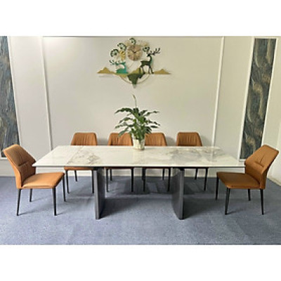Bộ bàn ghế phòng ăn Juno sofa mặt đá ceramic, chân sắt sơn tĩnh điện kèm 6 ghế kevin 