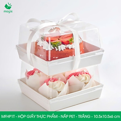 MFHP1T - 10.5x10.5x6 cm - 100 hộp giấy thực phẩm màu trắng nắp Pet, hộp giấy vuông đựng thức ăn, hộp bánh nắp trong