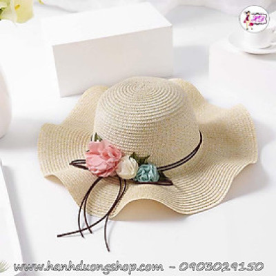 Nón cói bãi biển vành gợn sóng nơ 3 hoa HQC4114