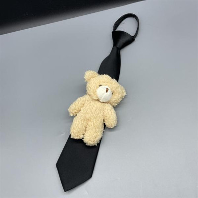 Cà vạt nữ màu đen tag gấu màu kem dây kéo thắt sẵn kt 6x36cm