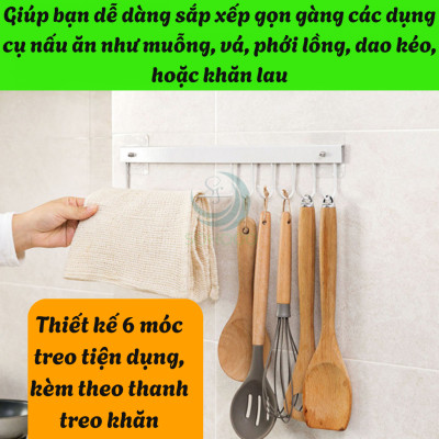 Móc Treo Tường Dán Đa Năng 6 Móc -Giá Treo Dụng Cụ Nhà Bếp Dán Tường Không Cần Khoan -Kệ Treo Khăn Và Dụng Cụ Nấu Ăn Gọn Gàng Tiện Dụng -Móc Treo Tường Chống Thấm Cho Phòng Bếp / Nhà Tắm -Thanh Treo Nhà Bếp Dán Tường Siêu Chắc -Móc Treo Đa Năng