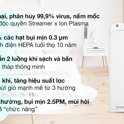 Máy Lọc Không Khí Daikin MC55UVM6 Công nghệ Streamer 3C Tích Hợp Ion Plasma Lõi Lọc Tuổi Thọ Lên Đến 10 Năm Diệt Khuẩn Và Lọc Sạch 99,97% Bụi Bẩn, Diện Tích Sử Dụng 40 m2, Công Suất 37W - Hàng Chính Hãng