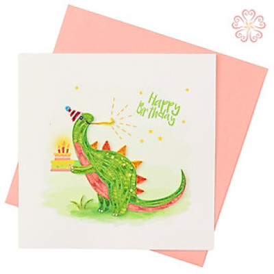 Thiệp Quilling Happy Birthday - chú khủng long xanh - size 15x15cm 