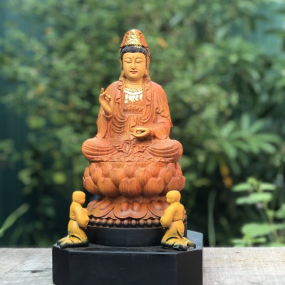 Nhất tâm bái phật phật bà quan âm bồ tát bằng gỗ hương đá làm mầu giả cổ kt cao 35×20×18cm