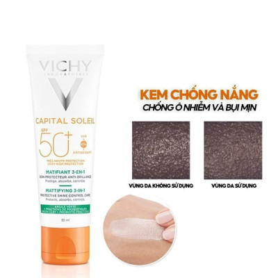 Kem Chống Nắng Vichy Chống Bụi Mịn Cho Da Dầu Mụn Capital Soleil Mattifying 3 in 1 SPF50+ 50ml