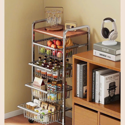 Xe Đẩy Kệ Để Đồ Đa Năng Nhiều Ngăn Tầng Có Ván Gỗ Retro Vintage – Khung Kim Loại Chắc Chắn, Kệ Trang Trí Nhà Bếp Phòng Khách - HÀNG CHÍNH HÃNG MINIIN