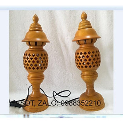 CẶP ĐÈN THỜ GỖ TRÀM BÔNG VÀNG CAO 34 CM MÀU VÀNG