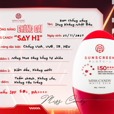 Kem Chống Nắng Song Kháng Nhật Bản MISS CANDY SUNSCREEN HA NANO SPF 50,PA ++++ 50g, Chống Nước, Chống UVA/UVB, Chống Ánh Sáng Xanh & Tia Hồng Ngoại,Bảo Vệ Da Lên Đến 8 Tiếng - PHỤNG BEAUTY
