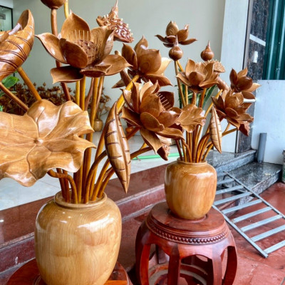 1 Bình hoa sen bằng gỗ ngọc am 15 cành trang trí phòng khách phòng thờ  