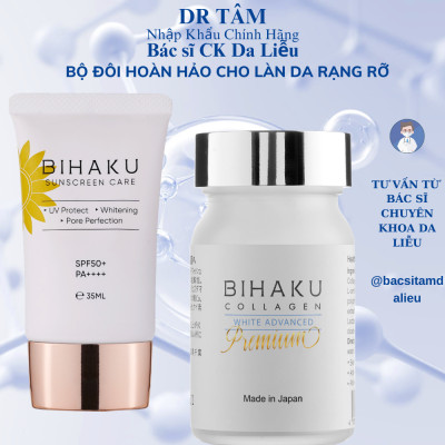Bộ đôi chống nắng dưỡng trắng da PREMIUM COLLAGEN hộp 30v và BIHAKU SUNSCREEN CARE SPF50+ PA++++ tuýp 35ml giúp hạn chế vấn đề cháy nắng và dưỡng trắng chống lão hóa