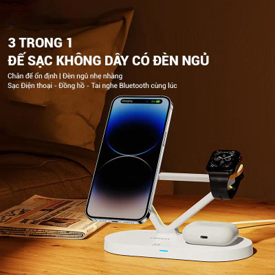 Sạc Không Dây 3 Trong 1 Pisen Pro - Wireless 3-in-1 Night Light - Màu Đen