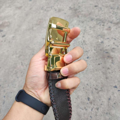 Thắt lưng da cá sấu nam đan viền thủ công rất đẹp! N53N_V (mặt vàng)