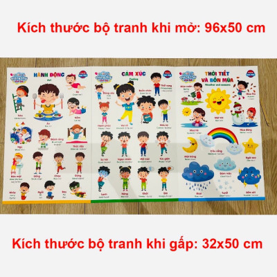 Bộ Tranh Gấp Thông Thái Cho Bé - Song Ngữ Anh Việt - 3 Tấm, 6 Mặt, 17 Chủ Đề, Kích Thước 96 x 50cm