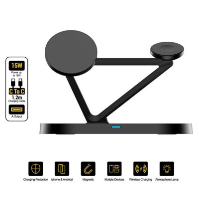 Sạc Không Dây 3 Trong 1 Pisen Pro - Wireless 3-in-1 Night Light - Màu Đen