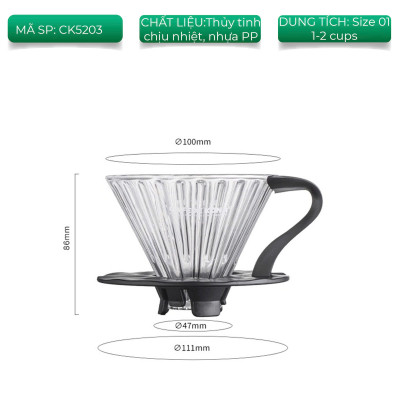 Phễu thuỷ tinh V60 rãnh thẵng đế nhựa đen CAFE DE KONA