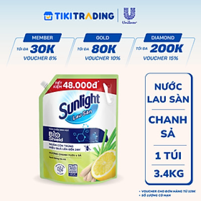 Nước Lau Sàn Sunlight BIOSHIELD Ngăn Côn Trùng Hiệu Quả Hương Chanh Yuzu & Sả Túi 3.4KG