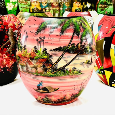 Bình Sơn Mài dẹp Cao Cấp Thanh Bình Lê size 30x25x12 thích hợp cắm hoa, trang trí, làm quà tặng,...