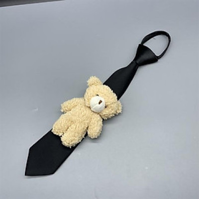 Cà vạt nữ màu đen tag gấu màu kem dây kéo thắt sẵn kt 6x36cm