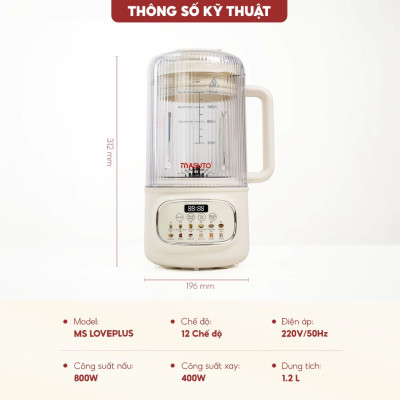Máy làm sữa hạt thủy tinh chống ồn Masuto MS Love Plus dung tích 1,2L có hẹn giờ 12 chế độ nấu - Hàng chính hãng