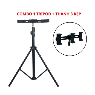 Combo Gậy livestream Cao cấp + Thanh 3 kẹp điện thoại - Phụ kiện gắn được 3 điện thoại để livestream, quay video - Hàng chính hãng