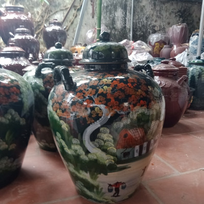 Chum sành men lam vẽ đồng quê 50 lít cao 65 cm rộng 48 cm