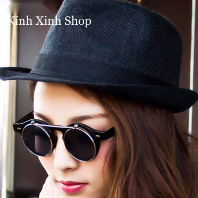Kính Râm 2 Lớp Mở Nắp Mắt Tròn Gọng Nhựa Chống Nắng Uv Cao Cấp 