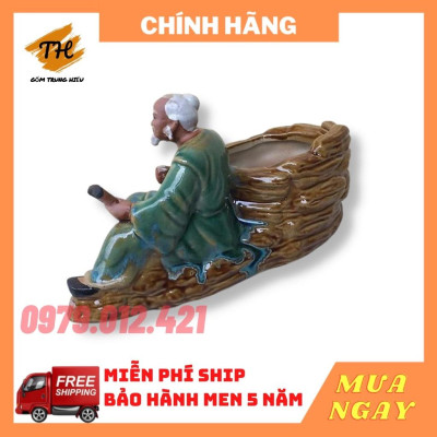 Tượng Ông lão đọc sách gốm Bát Tràng trồng cây bonsai tiểu cảnh đẹp