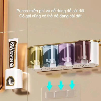 Kệ Nhà Tắm Thông Minh – Bộ Nhả Kem Đánh Răng Tự Động + 4 Cốc Úp Ngược Tiện Lợi