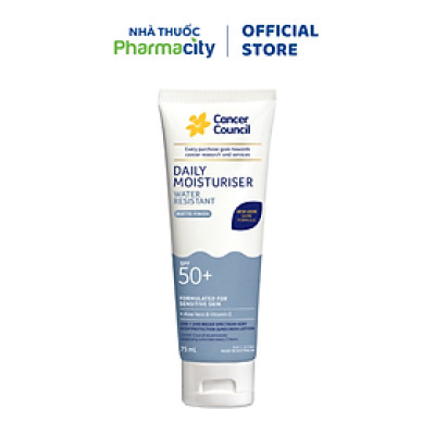 Kem Chống Nắng Cancer Council Daily Moisturiser Watter Resistant Kháng Nước, Dưỡng Ẩm SPF50+ (Tuýp 75ml)