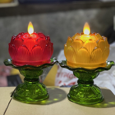 Đèn Nến Điện Tử Hoa Sen Thủy Tinh Nhiều Màu, Dùng Trang Trí Để Ban Thờ Cúng