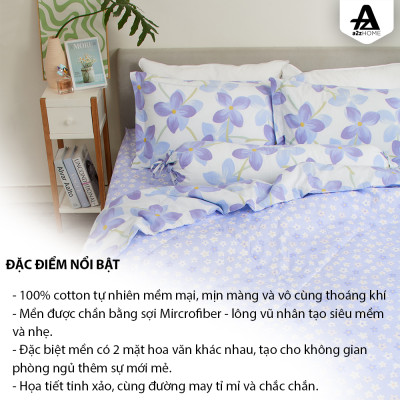 Bộ Ga Giường Mền Chần Bông 5 Món Hyacinth Flowers Mềm Mại 100% Cotton Tự Nhiên A2Z Home