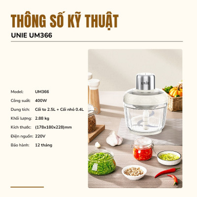 Máy xay thịt UNIE UM366, công suất 400W, 2 cối thủy tinh tiện lợi, động cơ đồng cao cấp;  xay thịt, đánh ruốc, bóc tỏi tiện lợi; hàng chính hãng bảo hành 12 tháng
