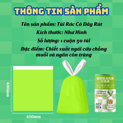 Túi Đựng Rác Dạng Rút Linh Chi Bedding Cuộn 50 Túi Chịu Tải Tốt Siêu Dai Màu Xanh Lá
